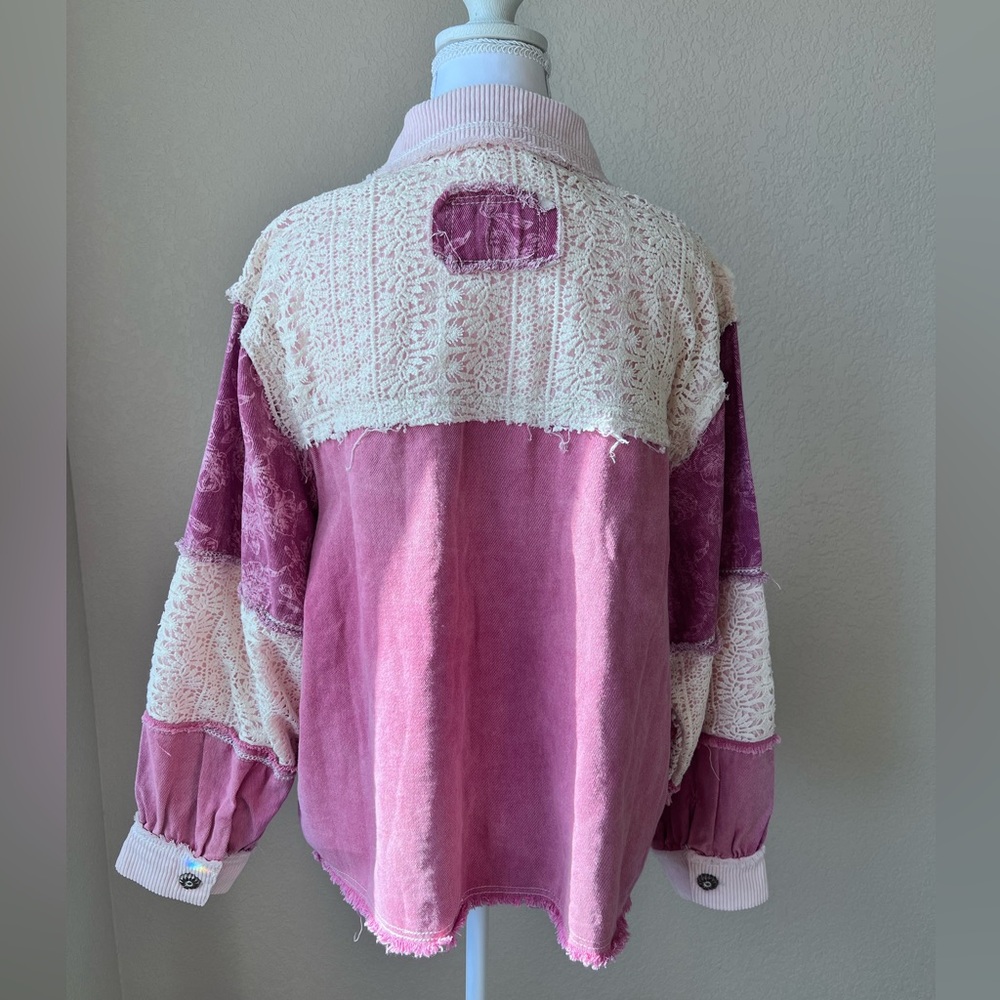 POL Lace Corduroy Floral Frayed Denim Jacket Sz Small (oversized) NWOT - Picture 7 of 16